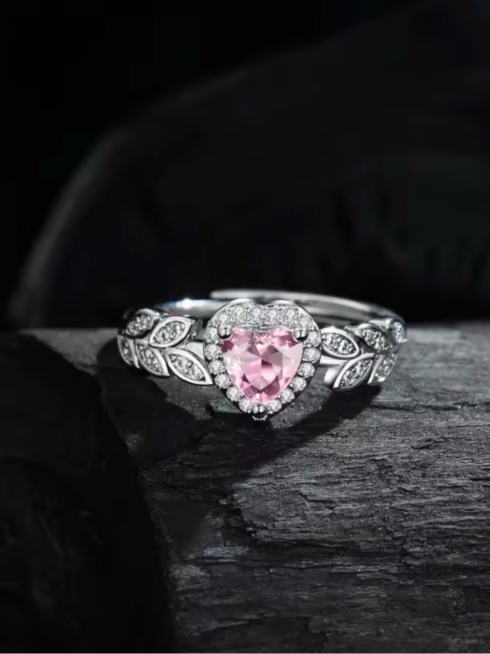 Heart Cut Pink Sapphire Halo Ring - Silver - adjustable size
